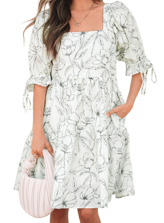 Square Neck Floral Pattern Dress